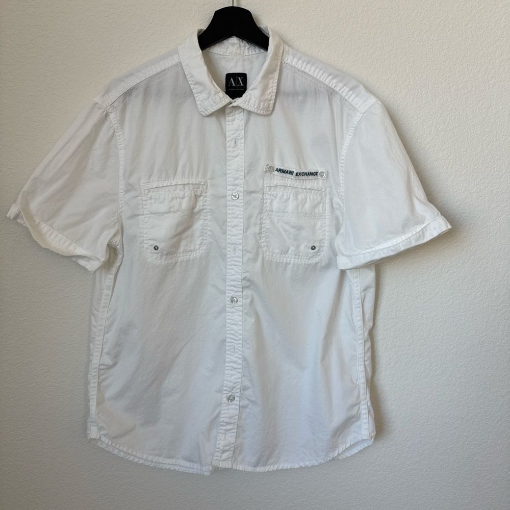 Armani Exchange Men’s White Casual Button Down Short Sleeves Shirt, size Large